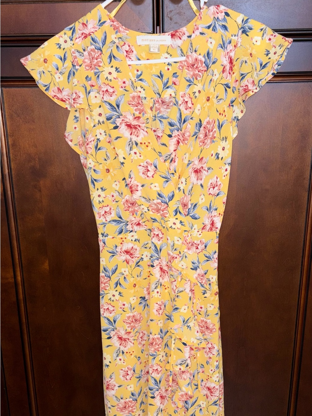 Monteau Yellow Floral V-Neck Maxi Dress with Flutter Sleeves